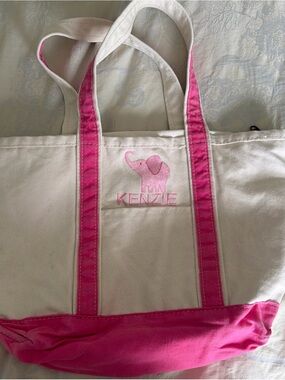 CB station embroidered Kenzie and elephant Pink and Cream Kids Canvas Tote Bag